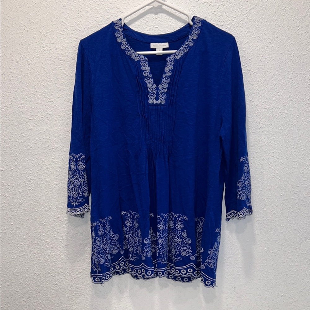 Charter Club Royal Blue Tunic Top with White Embroidery